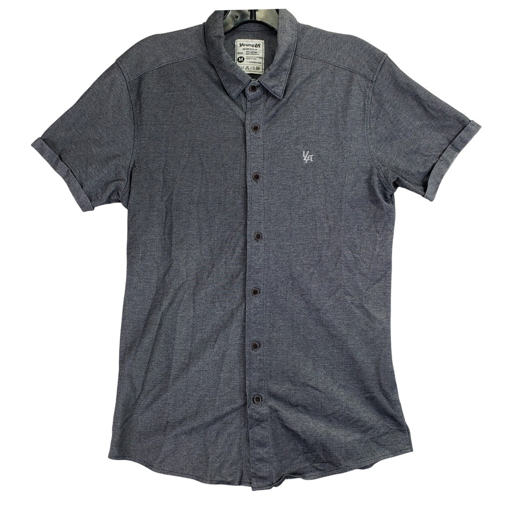 YoungLA Short Sleeve Button Down Shirt Mens Medium Charcoal Grey Slim Fit Casual